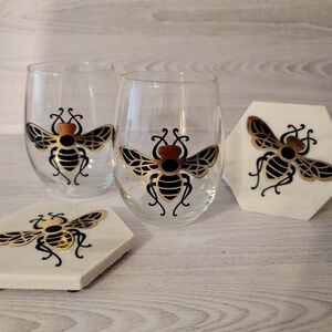 Golden Bee Stemless wine glass and coaster set Handcrafted